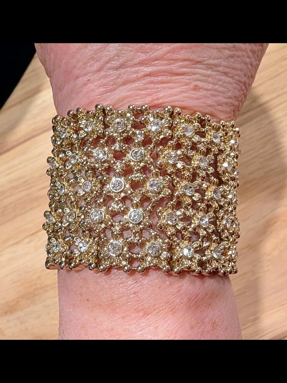Goldtone Crystal Floral Wide Cuff Bracelet